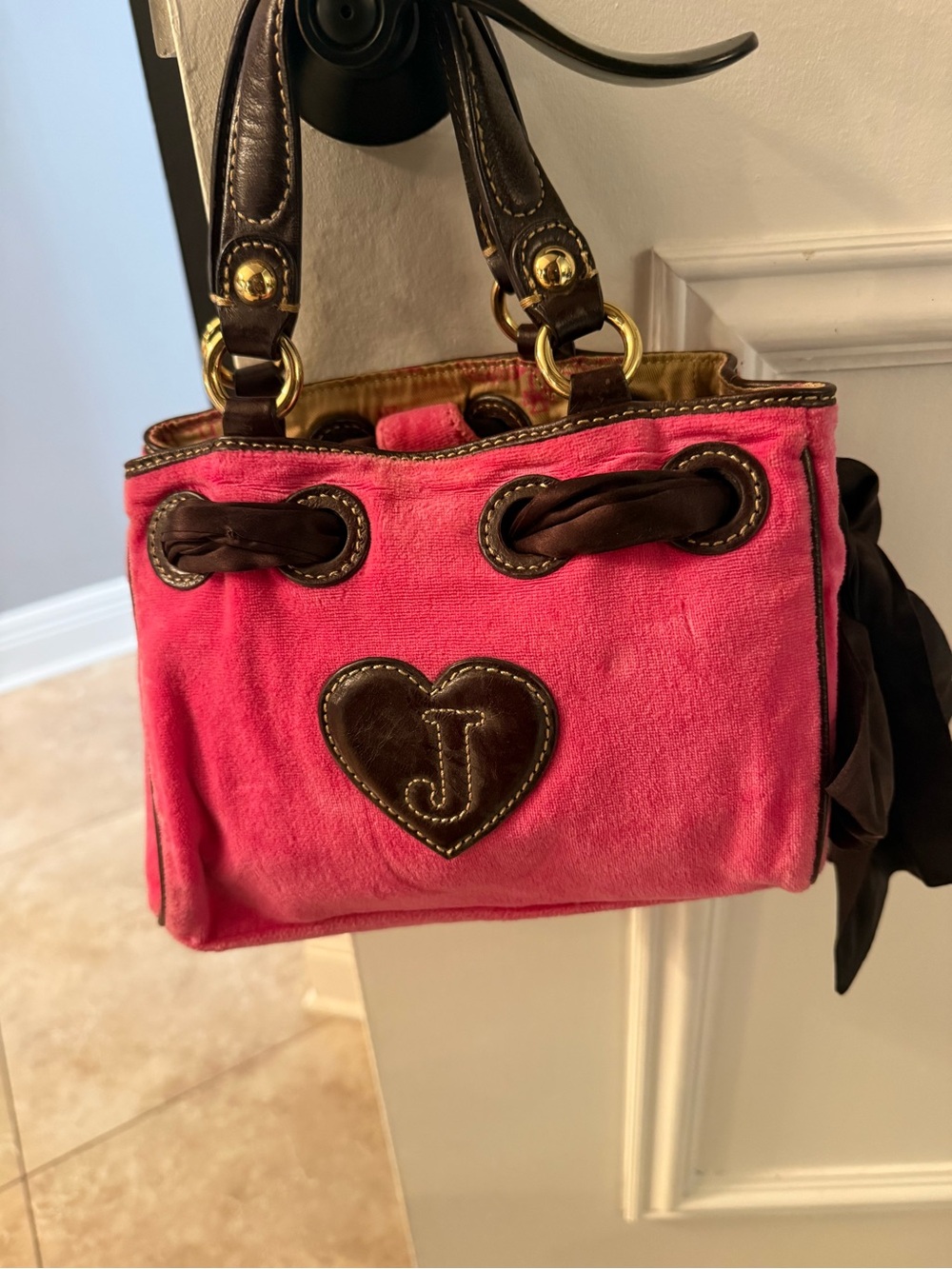 Juicy Couture Pink Velour Mini 'Juicy Girl' Satchel with Brown Trim - Picture 2 of 2